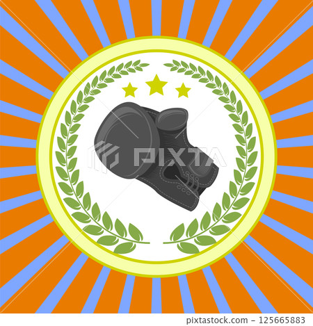 Vector Boxing Icon with Green Wreath and Yellow Stars. Award Icon. Placement in a Sporting Competition Contest for First Place. Grey Boxing Glove on orange blue background. Symbol of Boxing Day Vector Boxing Icon with Green Wreath and Yellow Stars. Award Icon. Placement in a Sporting Competition Contest for First Place. Grey Boxing Glove on orange blue background. Symbol of Boxing Day 125665883
