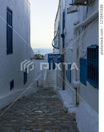 Alley overlooking the sea, Sidi Bou Said, Tunisia 125665886