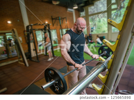 A very strong man (trainer?) is doing biceps exercises in a gym 125665898