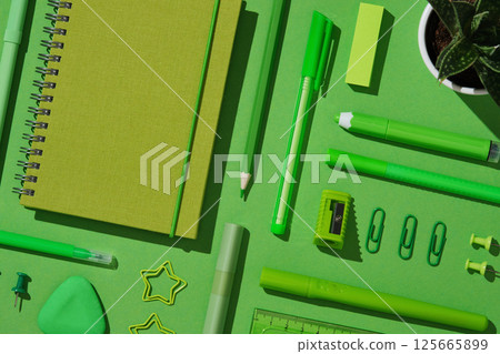 Close-up flat lay of assorted green office supplies on vibrant background, featuring spiral notebook, pens, pencil, sharpener, sticky notes, eraser, paper clips, push pins, and a small potted plant 125665899