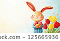 Charming smiling Easter bunny surrounded by colorful decorated eggs and tulips, symbolizing love and joy during Easter celebrations. Copy space 125665936