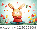 Cute bunny surrounded by hearts and colorful flowers, symbolizing love and joy, perfect for celebrating spring or Valentine's Day 125665938
