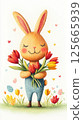 Cute bunny surrounded by hearts and colorful flowers, symbolizing love and joy, perfect for celebrating spring or Valentine's Day 125665939