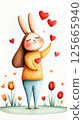 Cute bunny surrounded by hearts and colorful flowers, symbolizing love and joy, perfect for celebrating spring or Valentine's Day 125665940