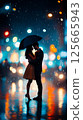 Romantic couple stands under an umbrella in the rain, silhouetted against brightly illuminated city lights. This image conveys love and intimacy, symbolizing special occasions like Valentine Day. 125665943
