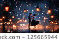 Romantic couple dancing under glowing lanterns in the rain, surrounded by shimmering bokeh lights. Concept of love, perfect for Valentine's Day or anniversaries 125665944