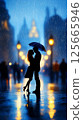 Romantic couple sharing a kiss under an umbrella in the rain, creating a captivating atmosphere. The image expresses love and intimacy, perfect for occasions like Valentine's Day or anniversaries. 125665946