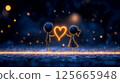 Two illuminated figures hold a glowing heart, symbolizing love and connection. Couple on starry backdrop, concept of love, Valentine's Day and romance 125665948