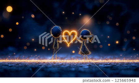 Two illuminated figures hold a glowing heart, symbolizing love and connection. Couple on starry backdrop, concept of love, Valentine's Day and romance 125665948