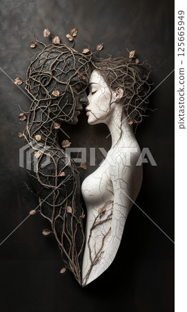 Intertwined male and female figures with vine motifs, symbolizing unity and love. Expresses connection and duality, Valentine's Day and love concept. 125665949