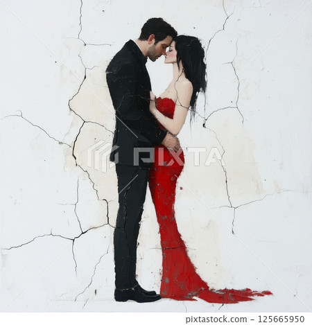 Elegant couple embraces against cracked wall, expressing love and intimacy. The red dress adds passion, capturing the essence of romance, symbolic of Valentine's Day 125665950