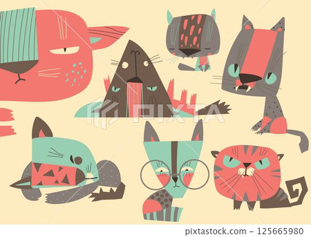 Cats characters with abstract colorful decorative doodles geometric pattern on body set. Funny adorable fluffy kittens mascot with trendy prints on back and tummy design 125665980