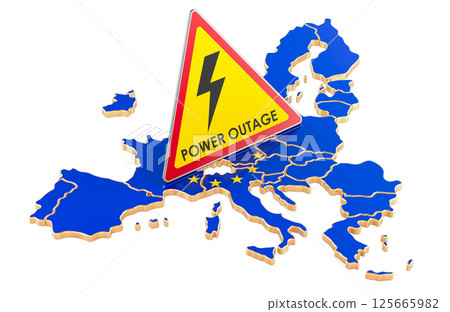 Power outage yellow triangle sign on the European Union flag. Power Outage in the EU, concept. 3D rendering 125665982