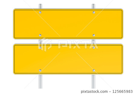 Blank yellow traffic road signs. Double rectangle road signs road signs. Template, mockup, front view. 3D rendering 125665983