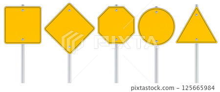 Blank yellow traffic road signs. Round, square, triangular, rhombus, octagonal shaped road signs. Template, mockup, front view. 3D rendering 125665984