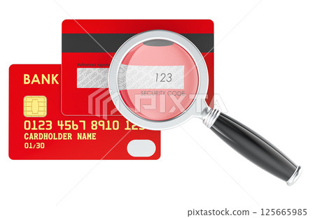 Close up of security code on back of credit bank card with magnifying glass. Credit Card with loupe, 3D rendering 125665985