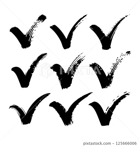 Grunge Brush Check Mark Set. A rough hand-drawn check mark with a textured, grunge brushstroke effect. 125666006