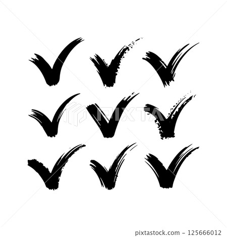 Grunge Brush Check Mark Set. A rough hand-drawn check mark with a textured, grunge brushstroke effect. 125666012