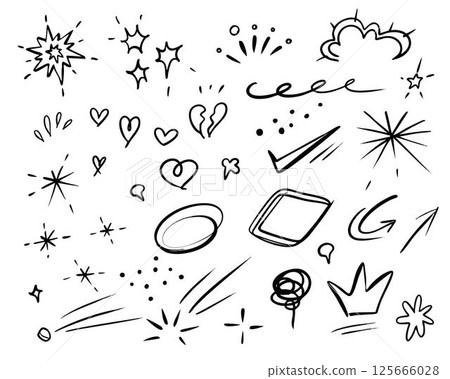 Doodle texture ink and brush lines, hearts, stars and other icons vector hand drawn simple cute set Doodle texture ink and brush lines, hearts, stars and other icons vector hand drawn simple cute set 125666028