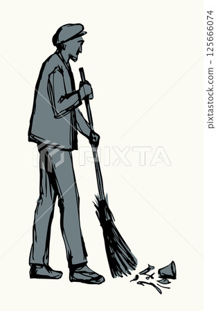 Vector Drawing. Janitor sweeping with a broom 125666074