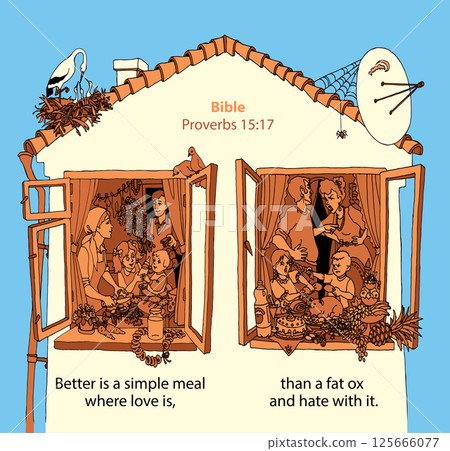 Vector drawing. Two different neighboring families in one house Vector drawing. Two different neighboring families in one house 125666077