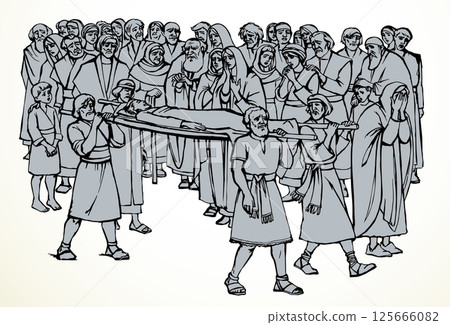 Vector drawing. Funeral of the son of a widow Vector drawing. Funeral of the son of a widow 125666082