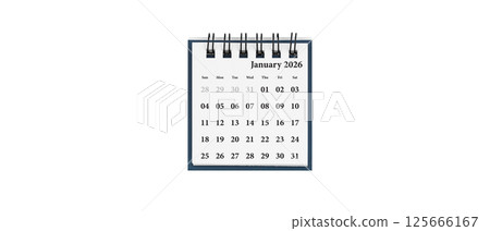 Desktop calendar for january 2026 in white colour. Mini planner for business and finance, spiral view on isolated white background Desktop calendar for january 2026 in white colour. Mini planner for business and finance, spiral view on isolated white background 125666167
