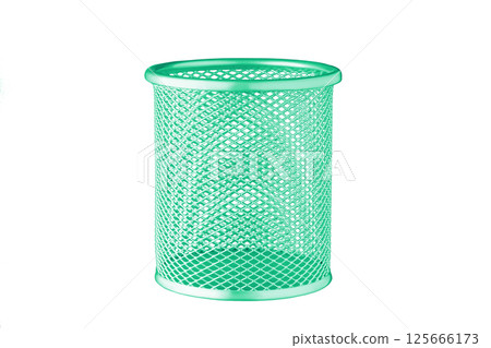 metallic Glass of green color for stationery, pencils, pens, scissors, ruler, on an isolated white background 125666173