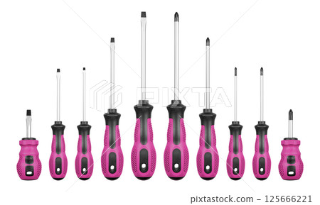 Set of Philips and flathead screwdrivers Pink color on isolated white background 125666221