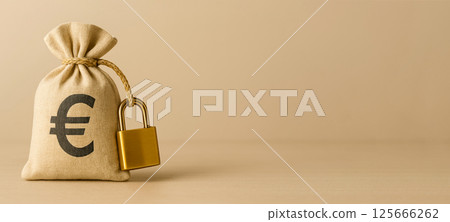 Bag with the euro symbol, locked. Financial protection, savings security, investment security and economic stability. 125666262