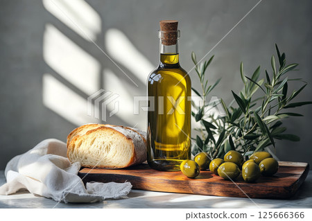 Glass bottle of olive oil, fresh olives, and bread on rustic wooden table. Mediterranean food. 125666366