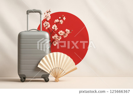 Travel-themed composition with a suitcase, cherry blossom and folding fan. Travel to Japan. 125666367