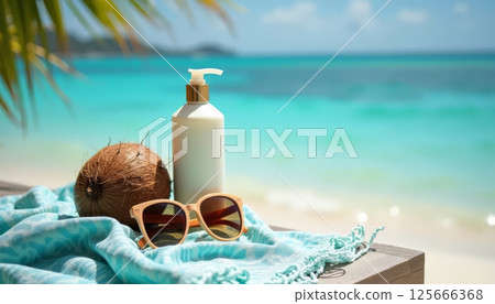 Summer skincare on a sunny deck near the sea, including sun protection products, accessories, and tropical details. 125666368