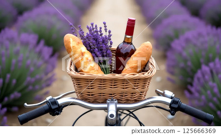 Bicycle basket with wine, bread and lavender against the backdrop of a flowering field in Provence, France. Summer travel and rural lifestyle concept. 125666369