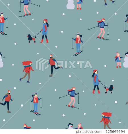 Seamless winter pattern with people. Holiday outdoor activities Seamless winter pattern with people. Holiday outdoor activities 125666394