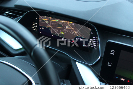 Navigation display on instrument cluster showing the car position on city map top view Navigation display on instrument cluster showing the car position on city map top view 125666463