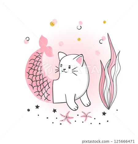 Cute cartoon cat mermaid vector illustration 125666471