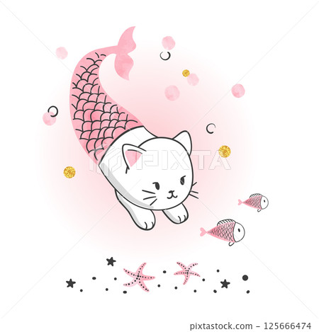 Cute cartoon cat mermaid vector illustration, Print for kids 125666474