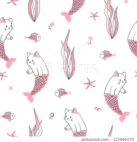 Seamless cartoon cat mermaid and fish pattern 125666479