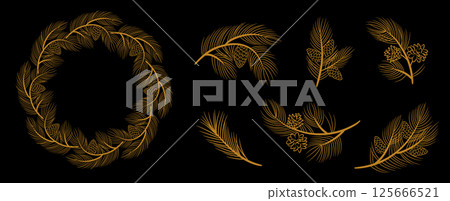 Golden Christmas wreath and pine branches with cones. Set of vector elements in sketch style for the design of holiday cards, patterns, banners. Golden Christmas wreath and pine branches with cones. Set of vector elements in sketch style for the design of holiday cards, patterns, banners. 125666521