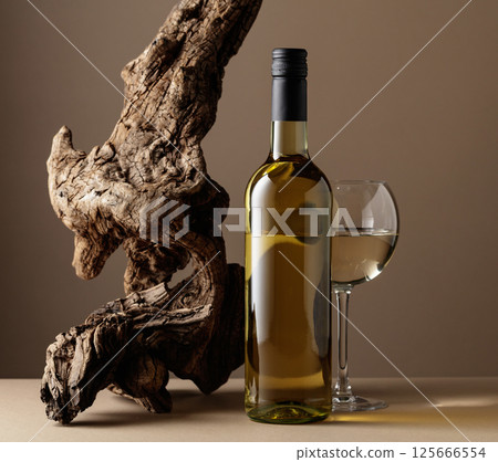 White wine and old snag on a beige background. White wine and old snag on a beige background. 125666554