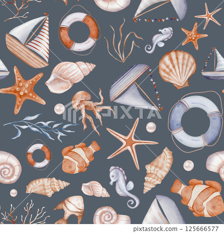 Watercolor seamless pattern with Seashell and Pearls and sea elements on isolated background. Hand drawn vintage repeat ornament with Sea boat and stars, horse, fish for design in nautical style. Watercolor seamless pattern with Seashell and Pearls and sea elements on isolated background. Hand drawn vintage repeat ornament with Sea boat and stars, horse, fish for design in nautical style. 125666577