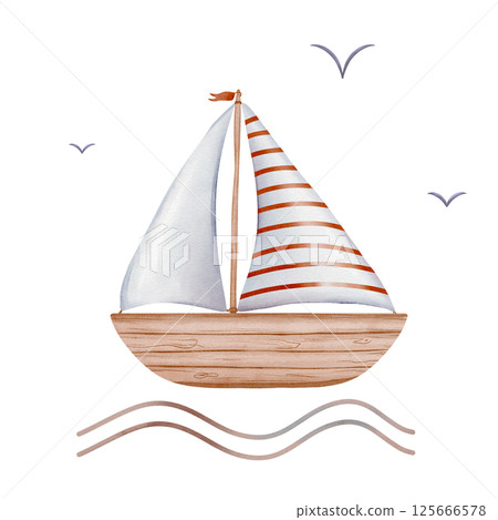 Watercolor babes illustration sailboat on the waves and birds in sky. Hand drawn flair water boat with orange red stripes isolated for babes. Sketch of Boat or Sailing ship for childish design Watercolor babes illustration sailboat on the waves and birds in sky. Hand drawn flair water boat with orange red stripes isolated for babes. Sketch of Boat or Sailing ship for childish design 125666578