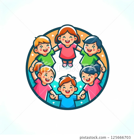 Round logo with cartoon children holding hands in a circle, colorful emblem for kids camp youth club Round logo with cartoon children holding hands in a circle, colorful emblem for kids camp youth club 125666703