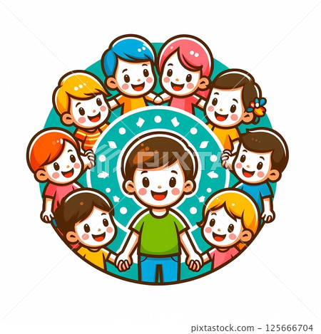 Round logo with cartoon children holding hands in a circle, colorful emblem for kids camp youth club 125666704