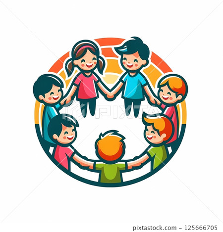 Round logo with cartoon children holding hands in a circle, colorful emblem for kids camp youth club Round logo with cartoon children holding hands in a circle, colorful emblem for kids camp youth club 125666705