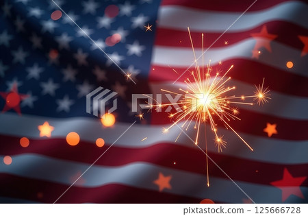 Sparkles with lights in soft focus and American flag on the background. July fourth celebration. 125666728