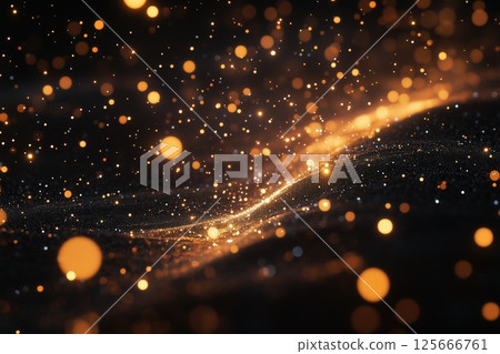 A dynamic array of luminous golden orange nanoparticles form soft, undulating waves in dark space. 125666761