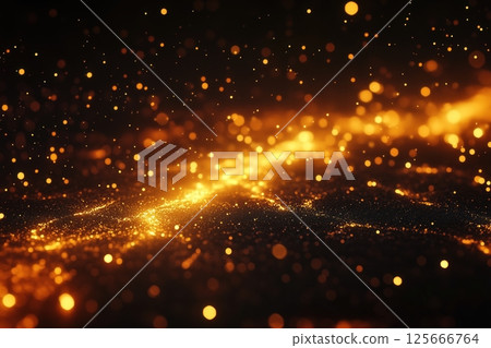 A dynamic array of luminous golden orange nanoparticles form soft, undulating waves in dark space. 125666764