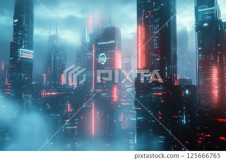 A futuristic cyberpunk cityscape with neon lights and skyscrapers. Metropolis of the future. 125666765